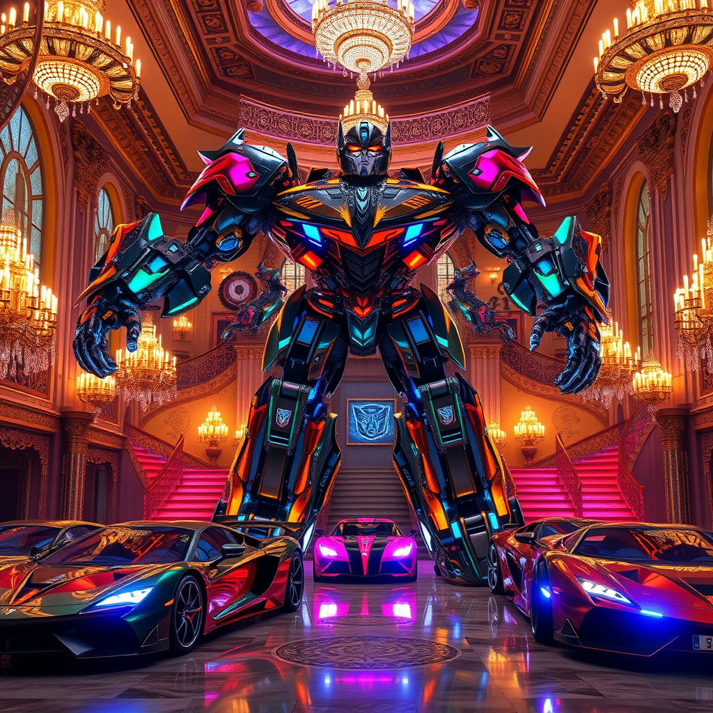 Transformers Converge in Opulent Foyer, Digital Art