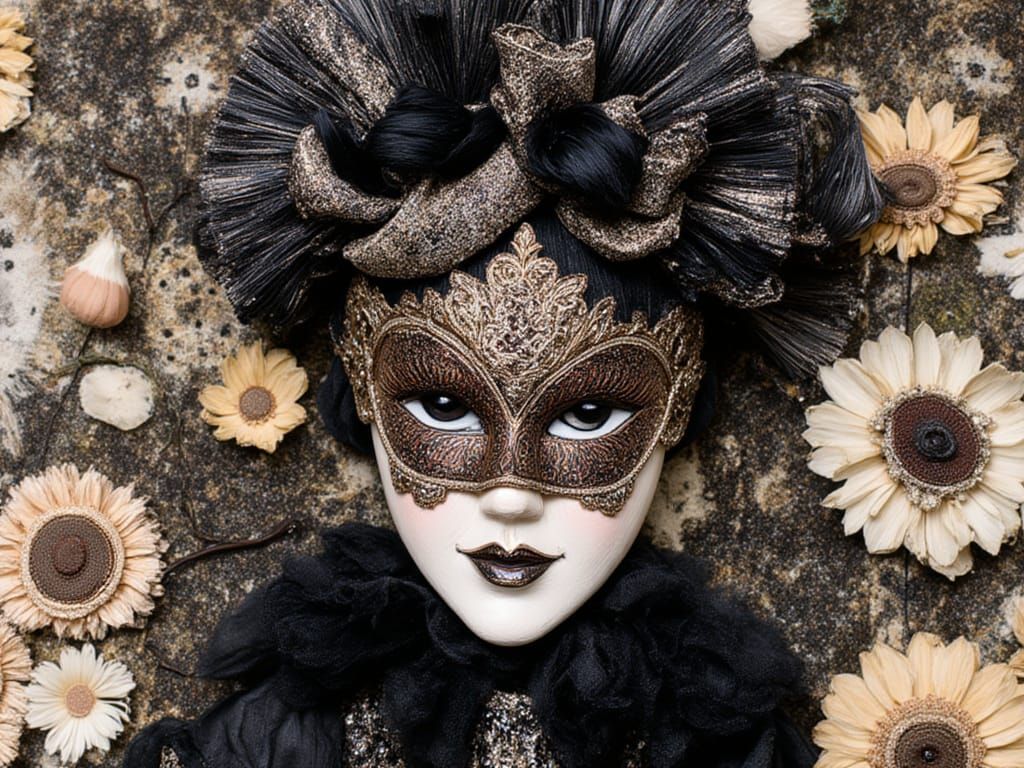 Bohemian Carnival Mask with Iridescent Flowers and Feathers