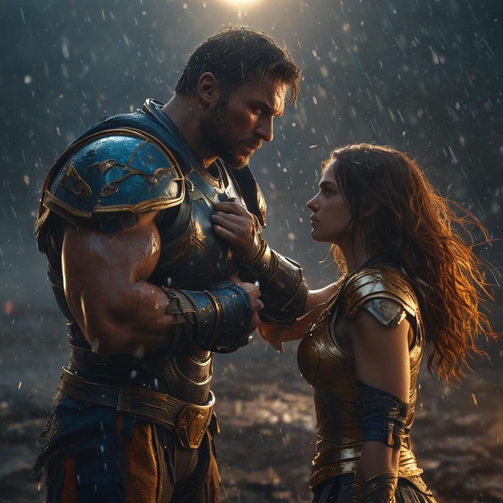 Cinematic Fantasy Art: Man Protecting Girl in Battle