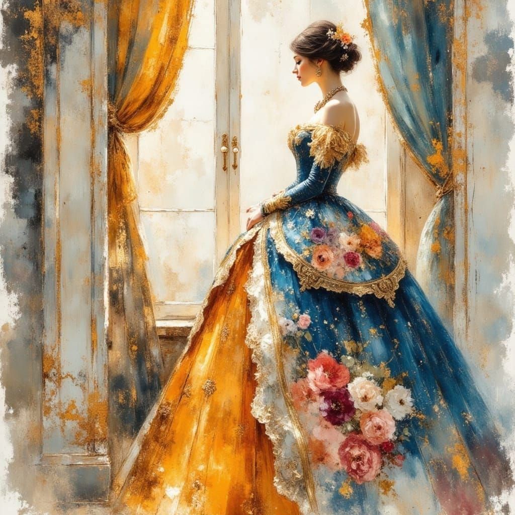 Rococo Ball Gown Portrait in Watercolor Style