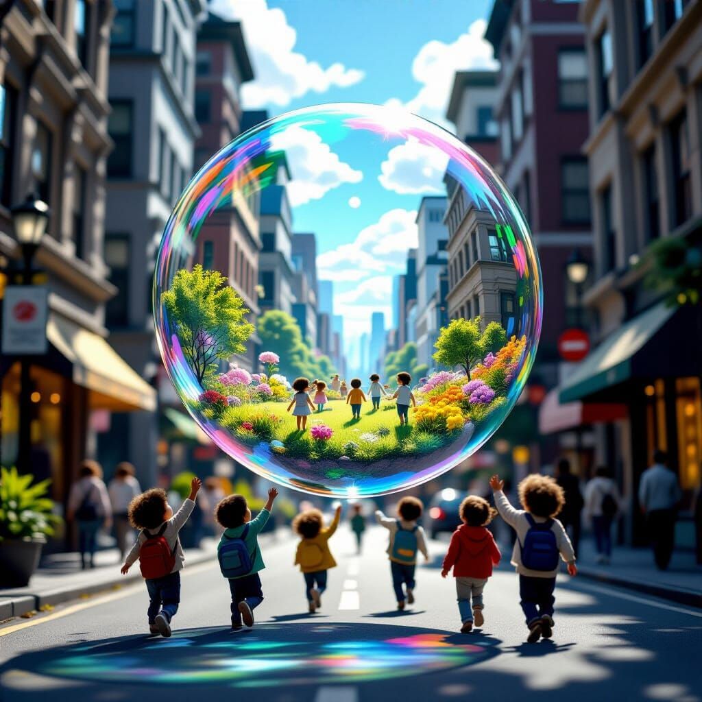 Giant Soap Bubble Garden in City, Matte Painting