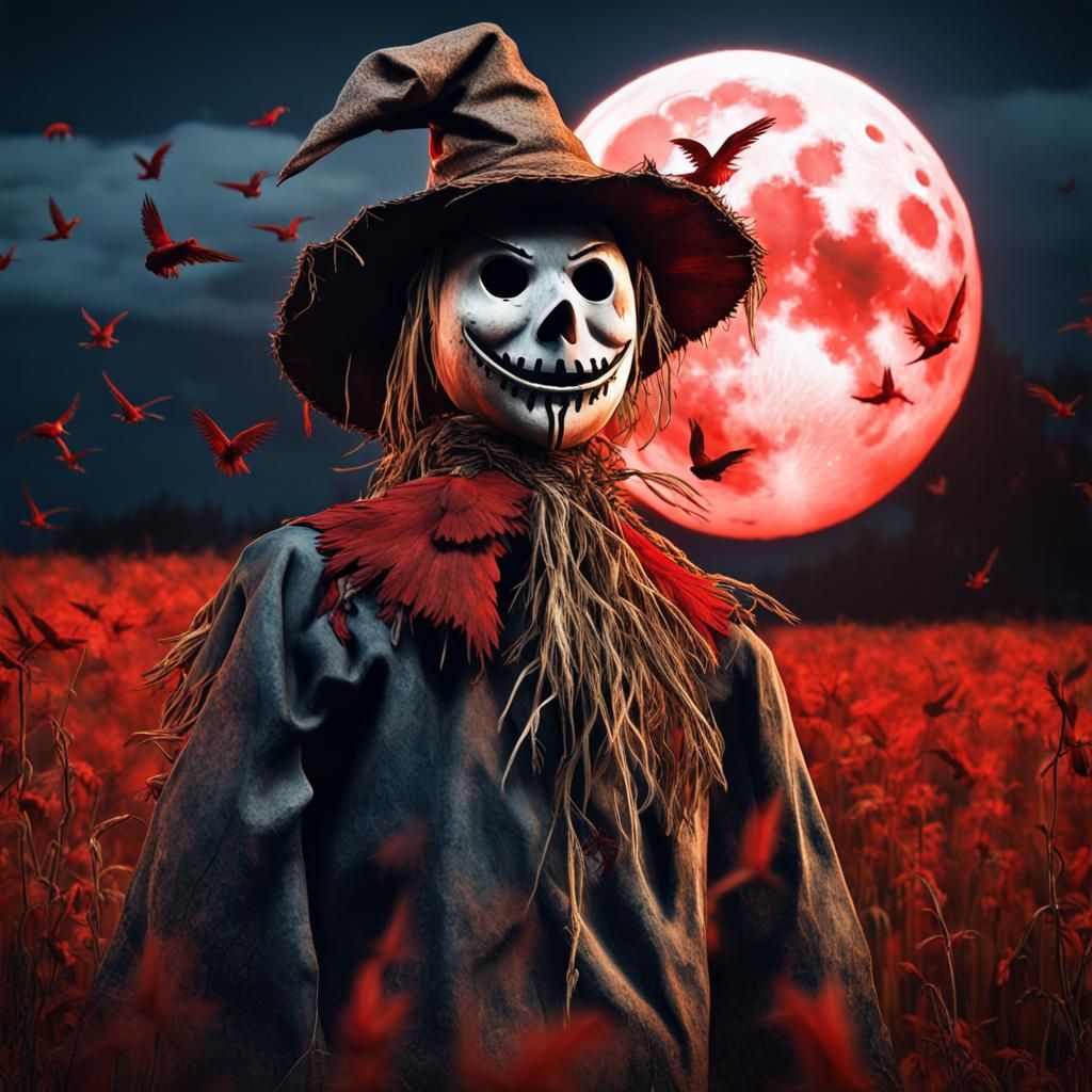 Spooky Scarecrow Portrait Under Red Moonlight