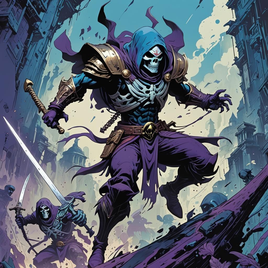 Majestic Skeletor Leaps in Bold Blue and Purple
