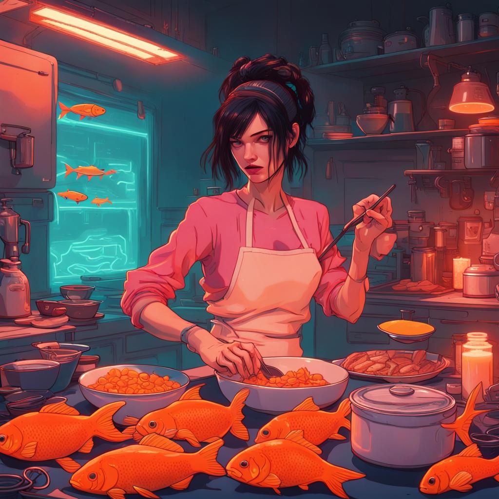 Cyberpunk Woman Cooking Surrounded by Goldfish