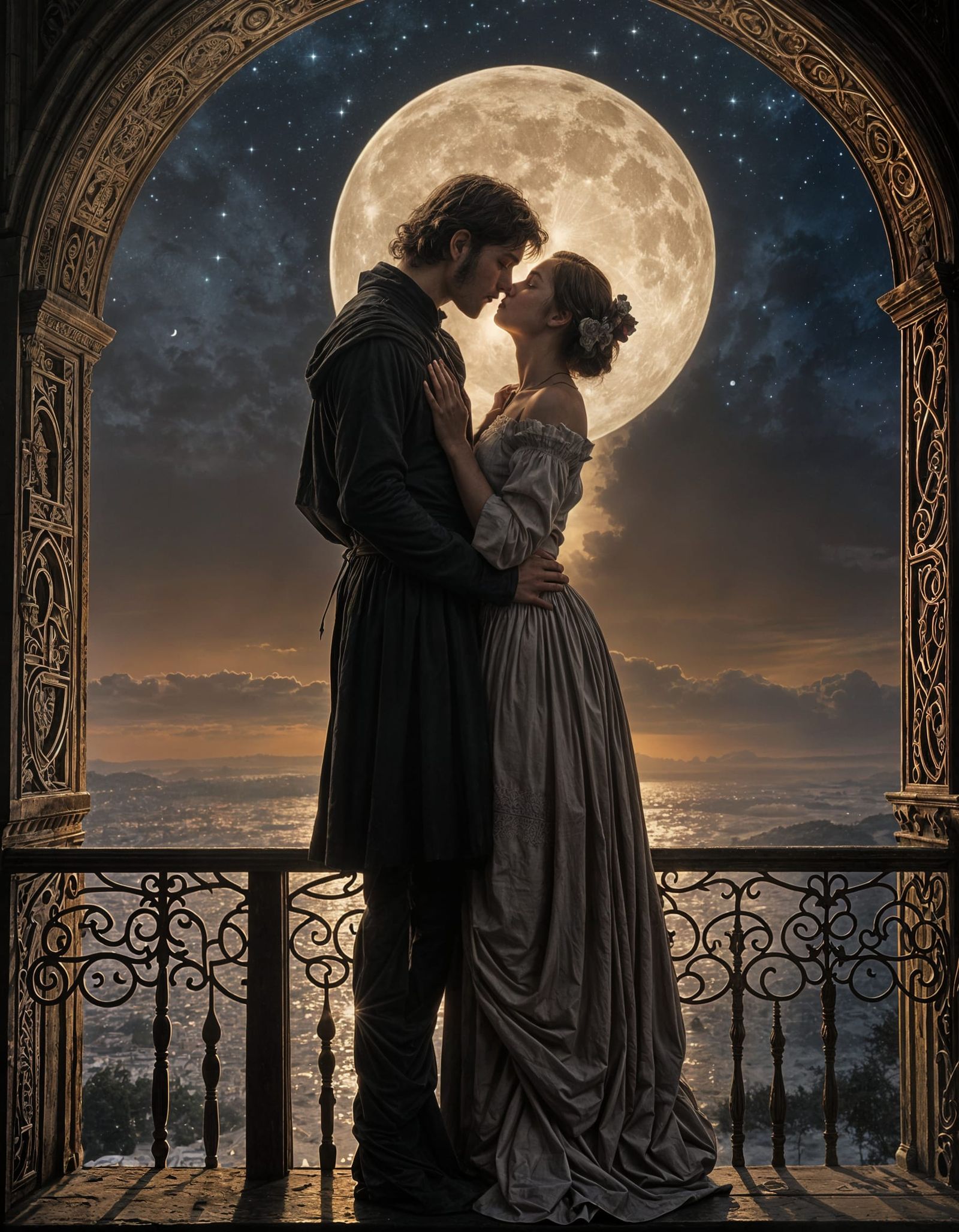 Romantic Balcony Scene in Classic Realism Style