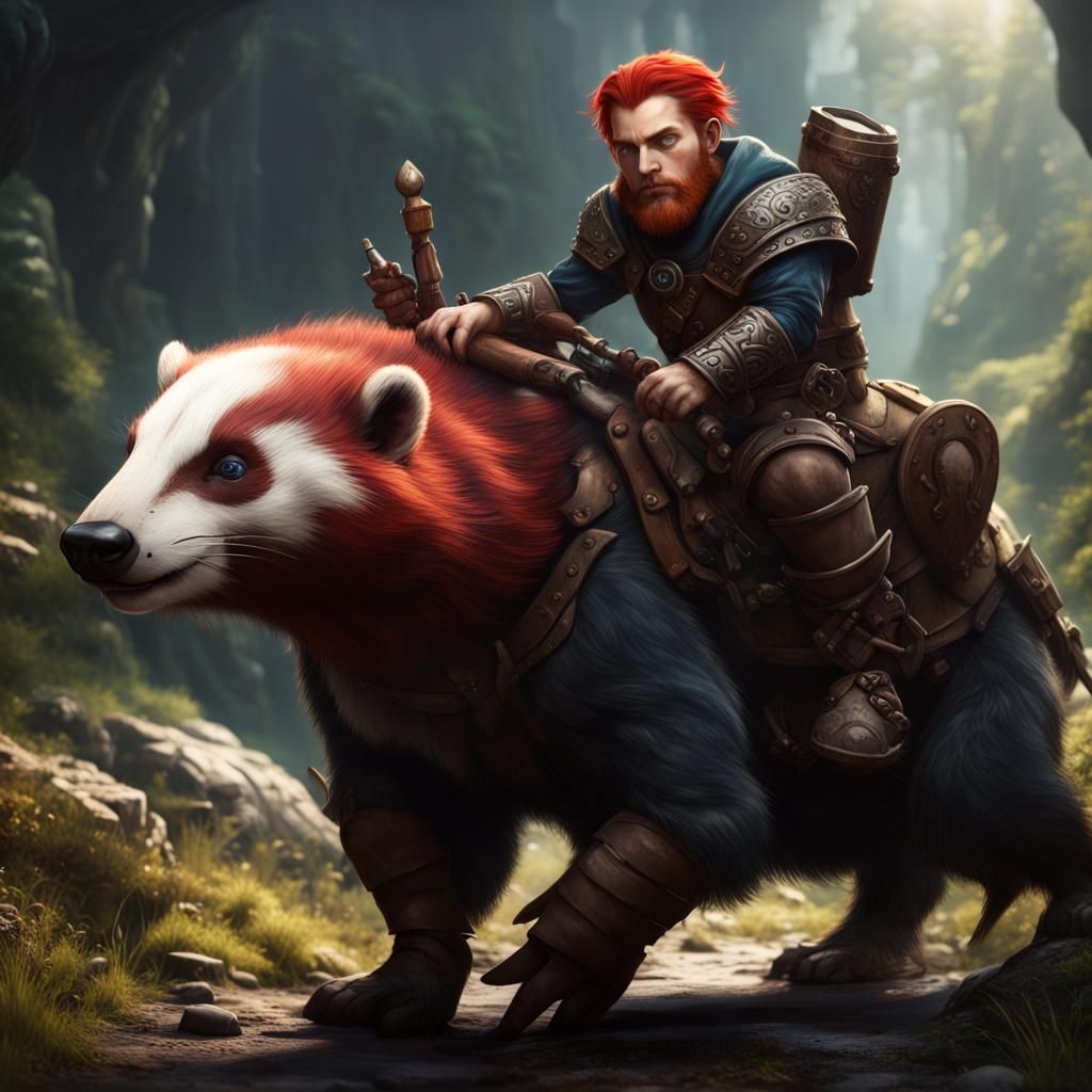 Halfling Ranger on Giant Badger, Fantasy Art