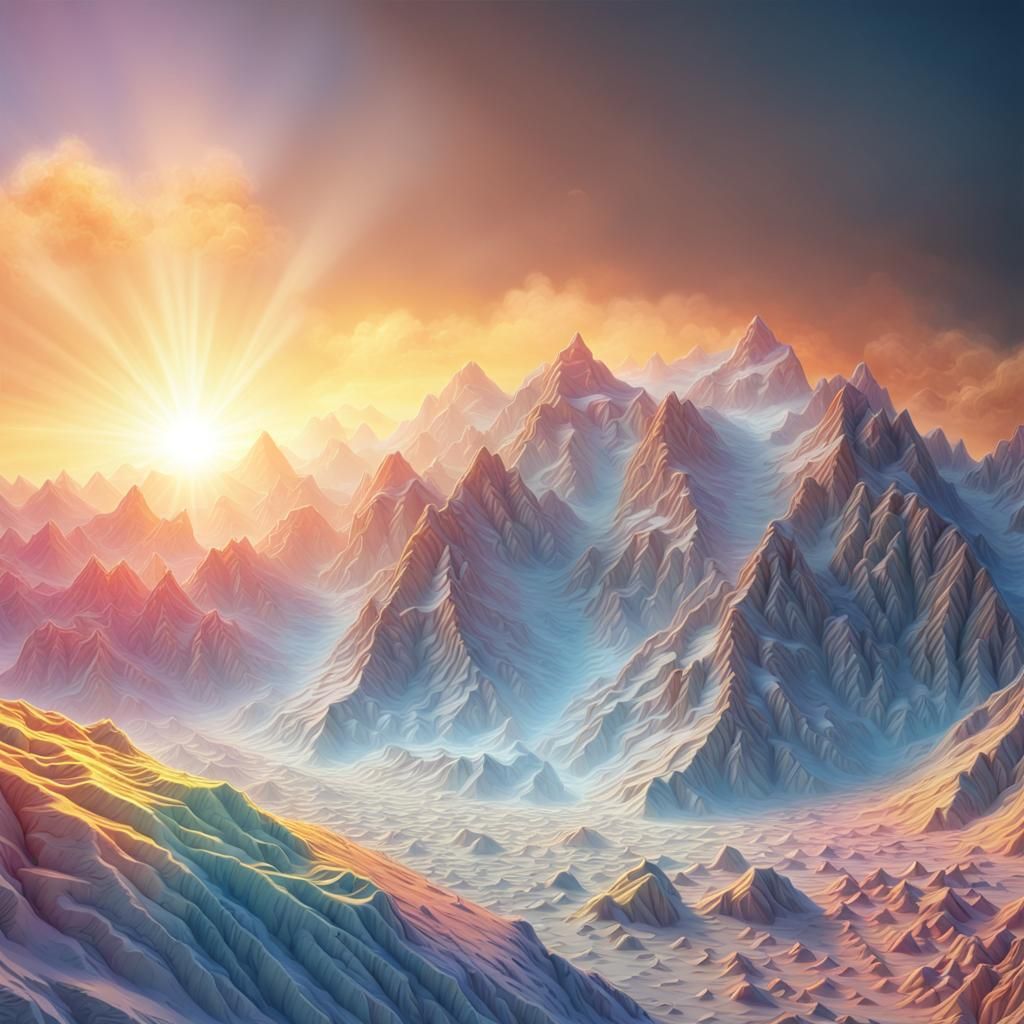 Colorful Sunrise Over Ice Mountain Range, Digital Art