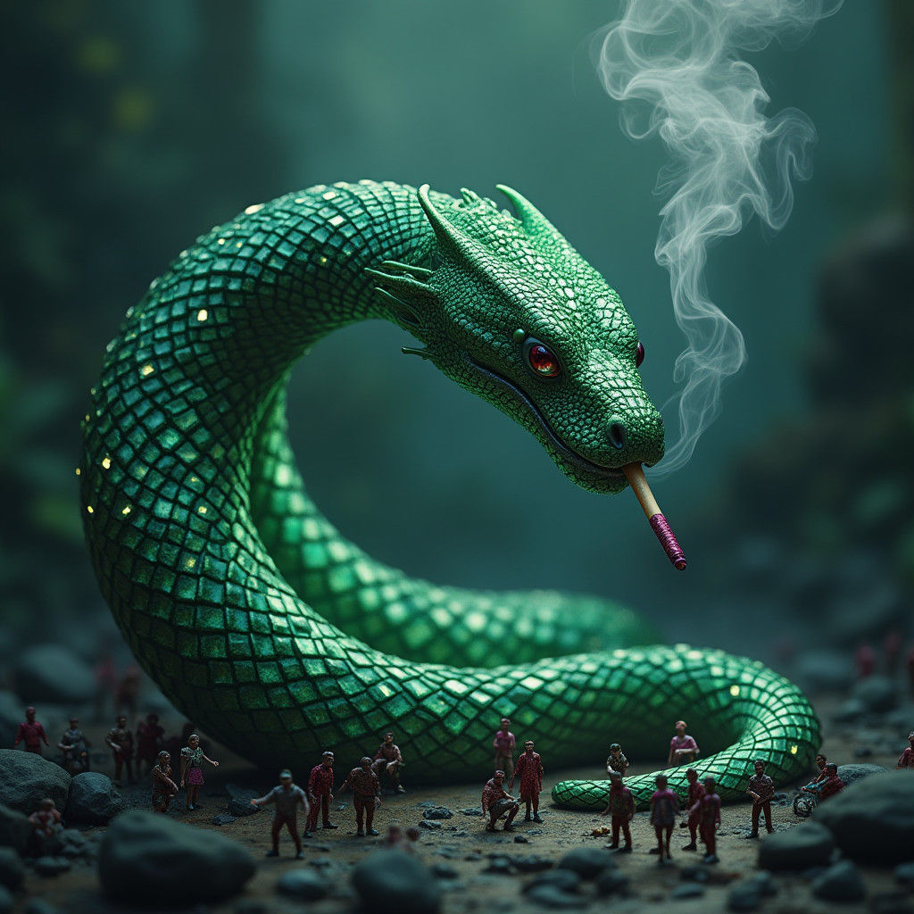 Emerald Serpent Smoking Crushes Humans in Dark Fantasy