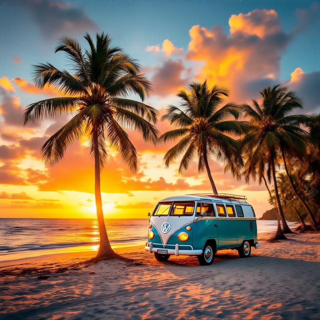 Vibrant Tropical Beach Sunset with Classic VW Van