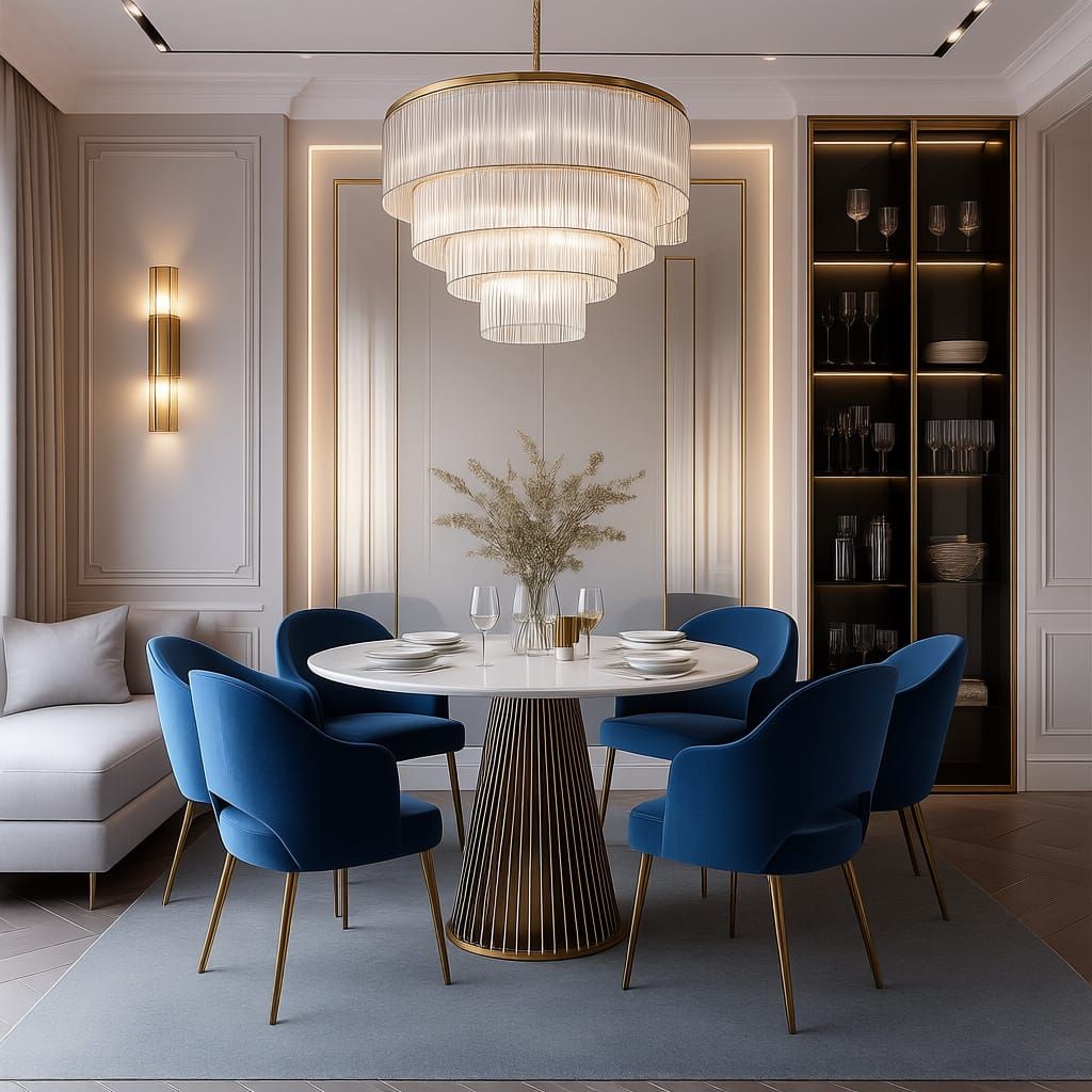 Modern Dining Room with Marble Table & Blue Velvet Chairs
