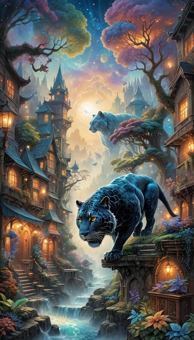 Holographic Panther Leaping Through Fractal Zentangle