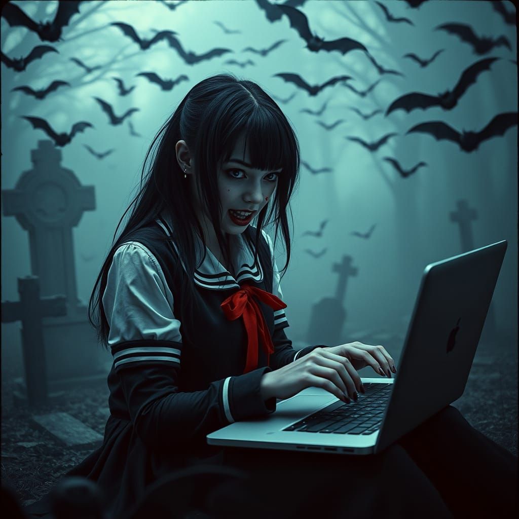 Gothic Vampire Schoolgirl Amidst Dark Fantasy