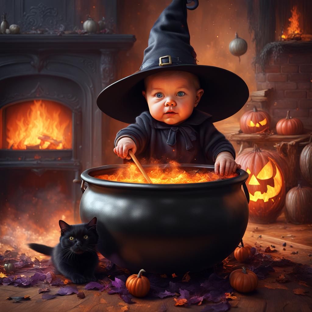 Baby Witch with Cauldron in Detailed Digital Art