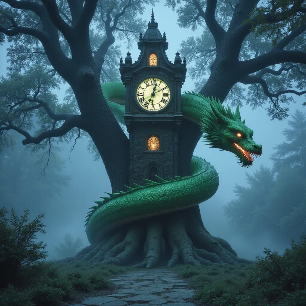 Dragon Coiled Around Clocktower Tree in Ghibli Style