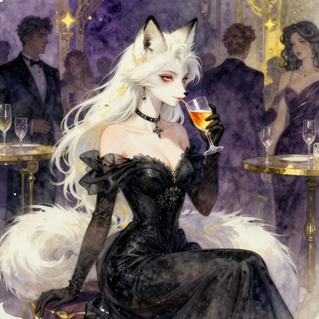 White Fox Lady in Black Gown at Party