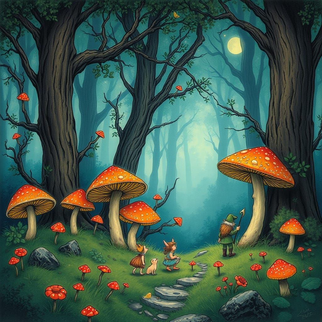 Enchanted Forest with Singing Mushrooms and Gnomes