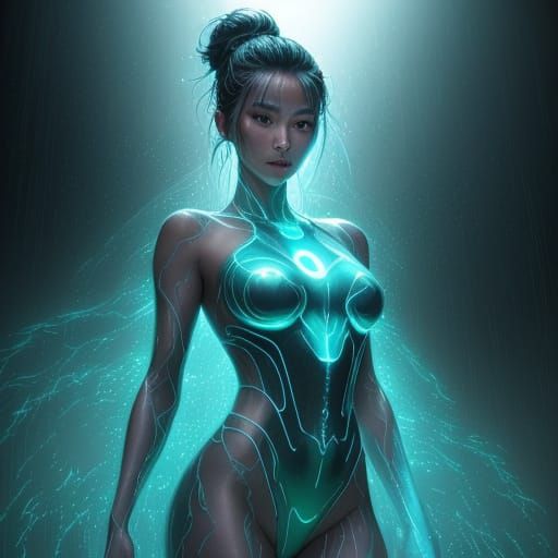 Cyberpunk Japanese Woman Controls Digital Water