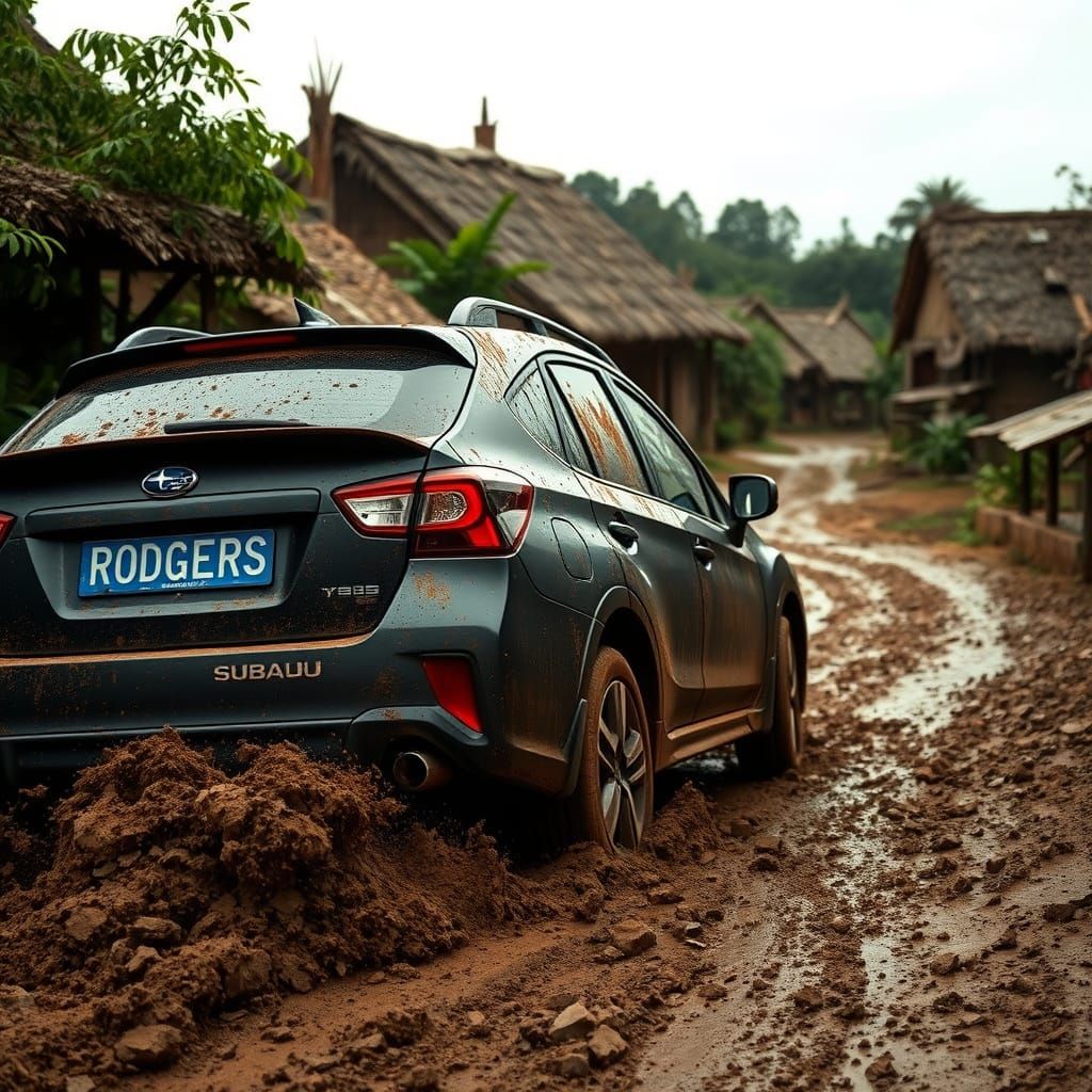 Weathered Subaru Car on Muddy Village Road with Traditional ...