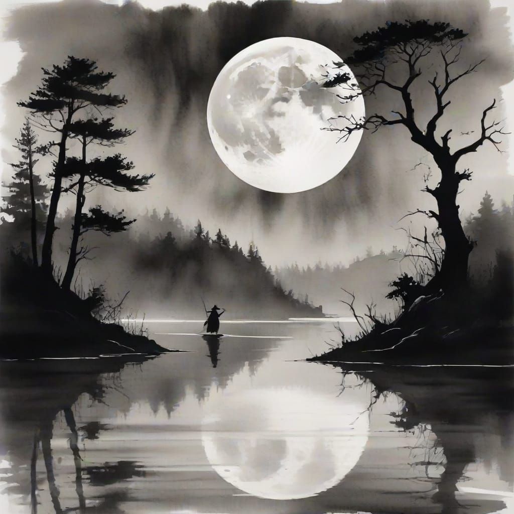 Minimalist Witch Silhouette in Ink Wash Style