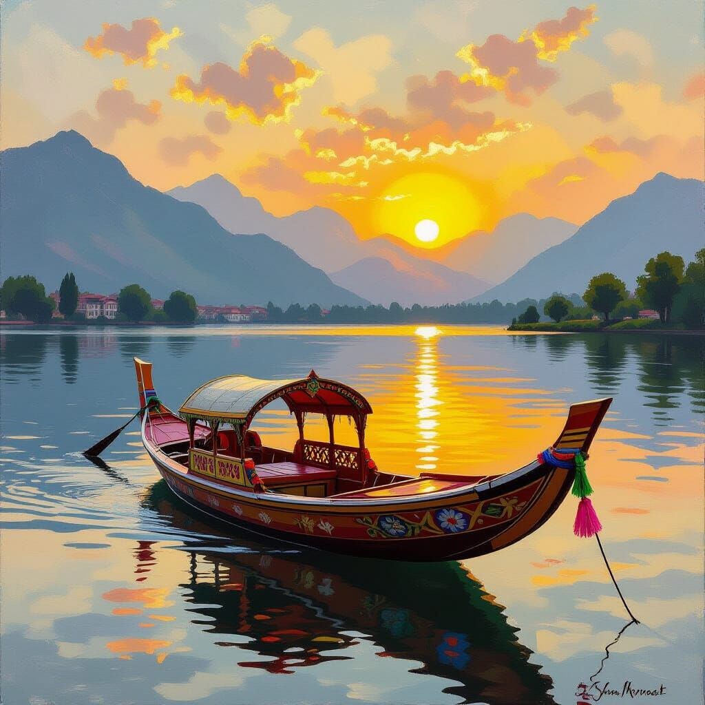Shikara Boat on Dal Lake at Sunset: Impressionist Painting