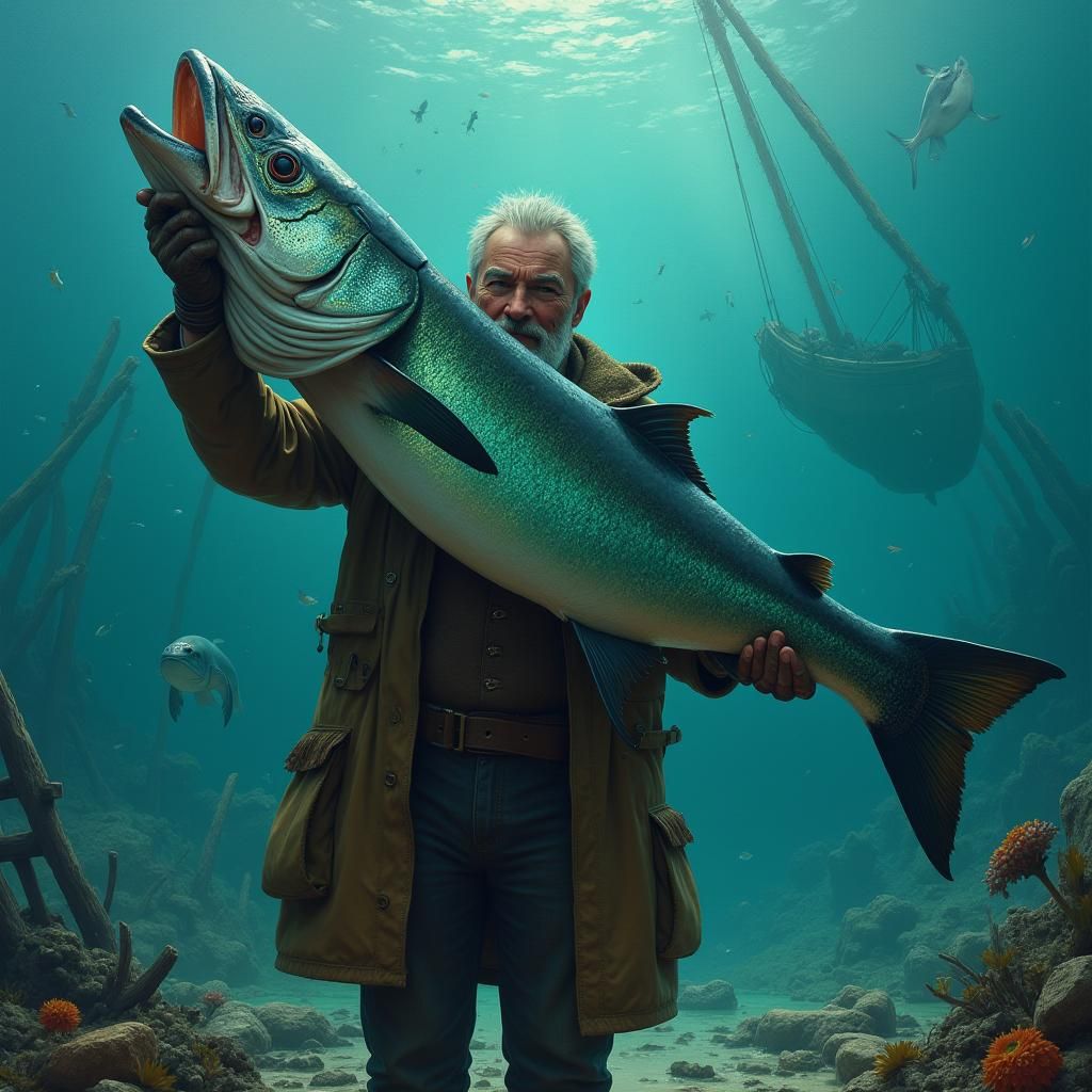Fisherman's Colossal Catch in Dreamlike Ocean Scene