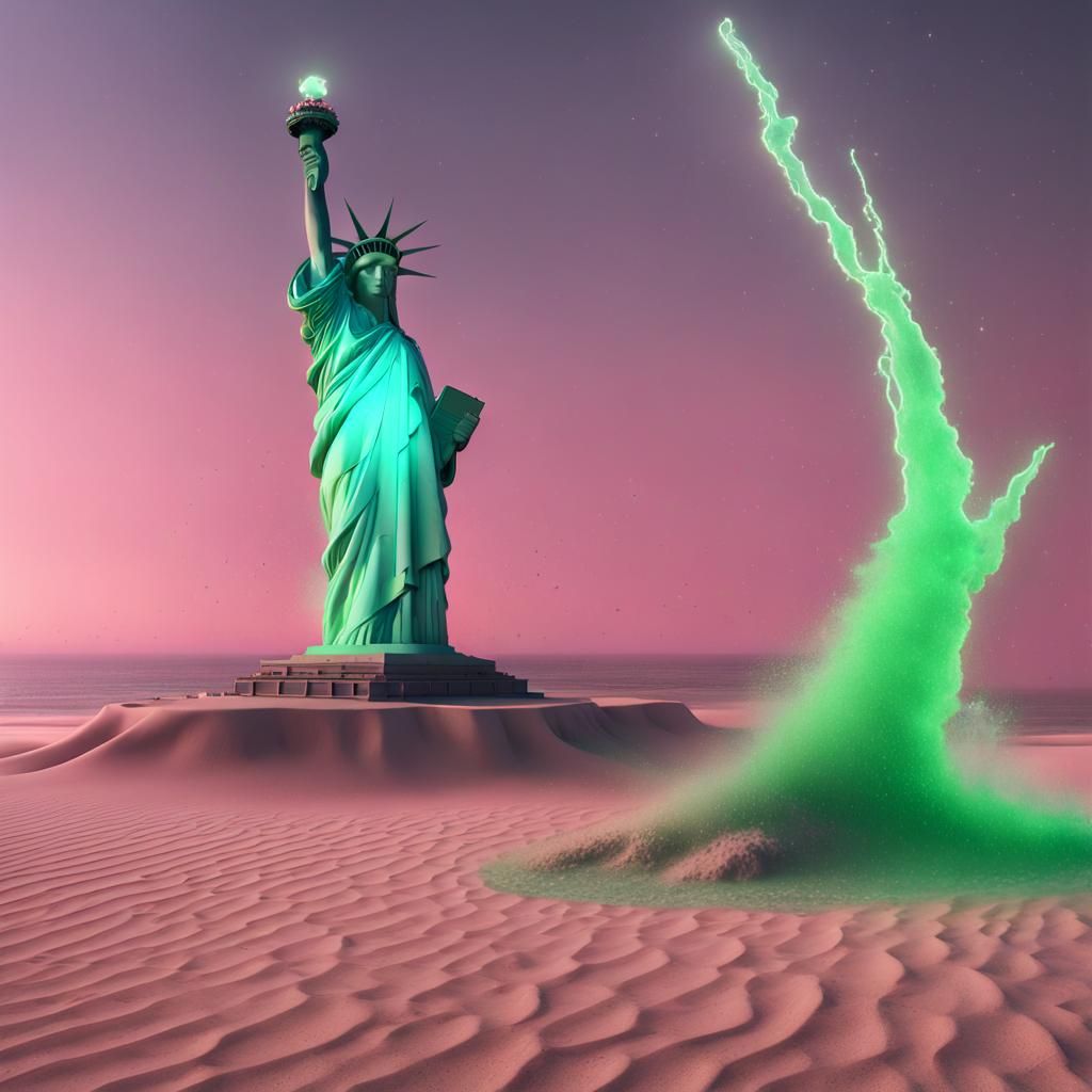 Statue of Liberty Rises: Retrowave Apocalyptic Beach