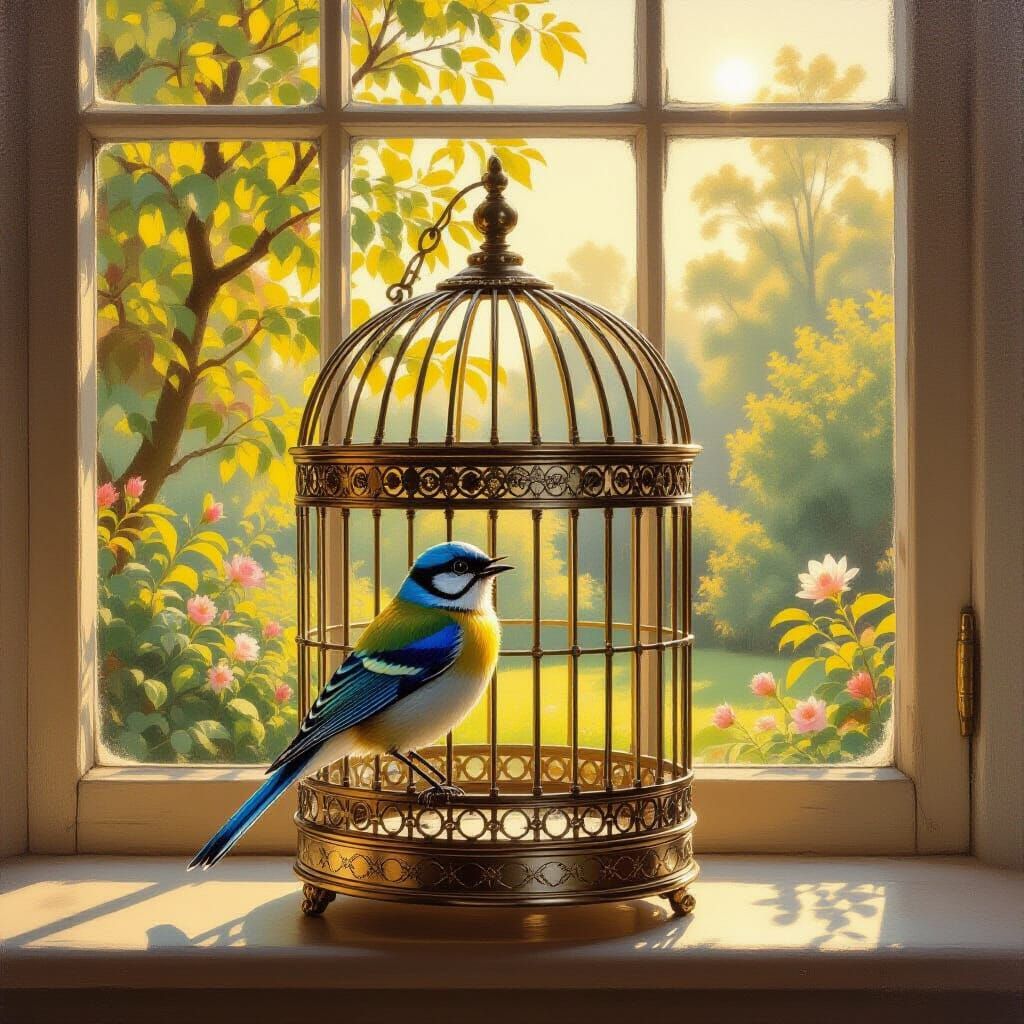 Antique Silver Birdcage Overlooking Sun-Dappled Garden