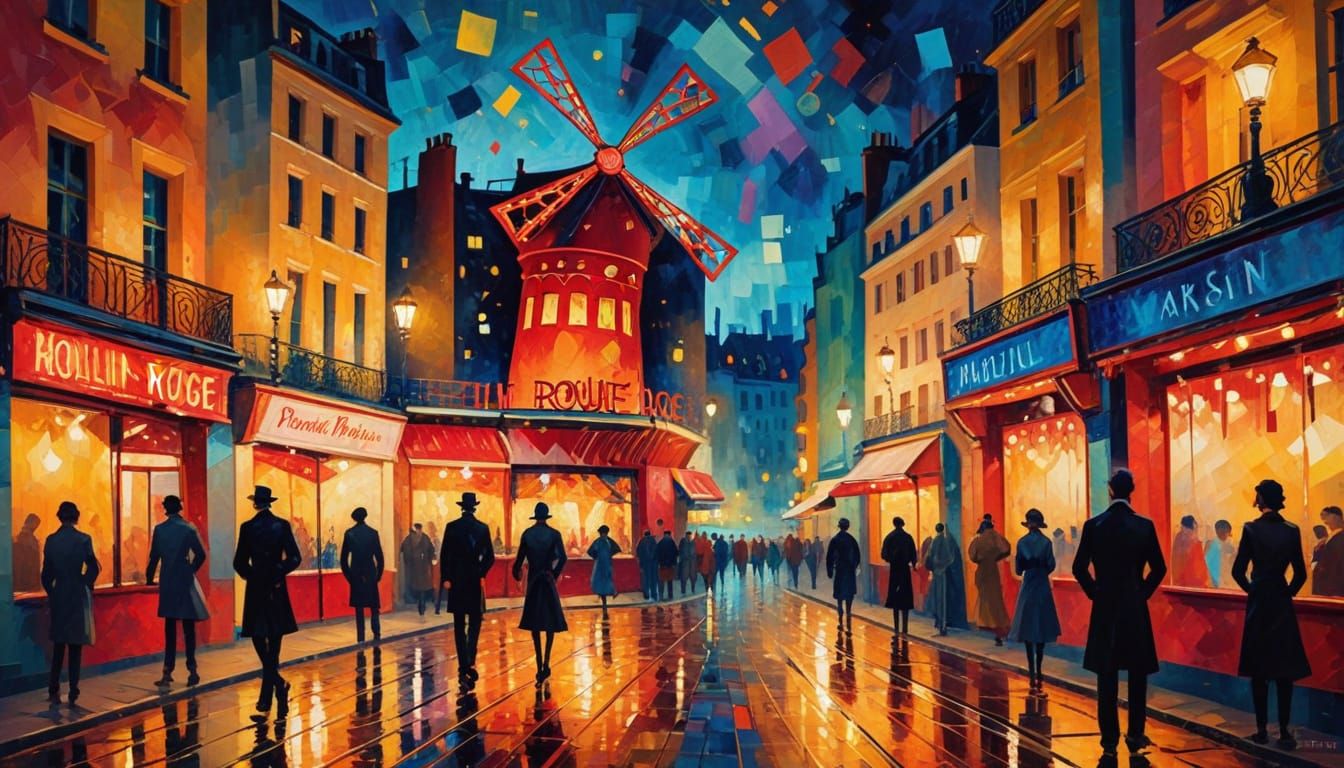 Paris Moulin Rouge in Abstract Expressionist Style