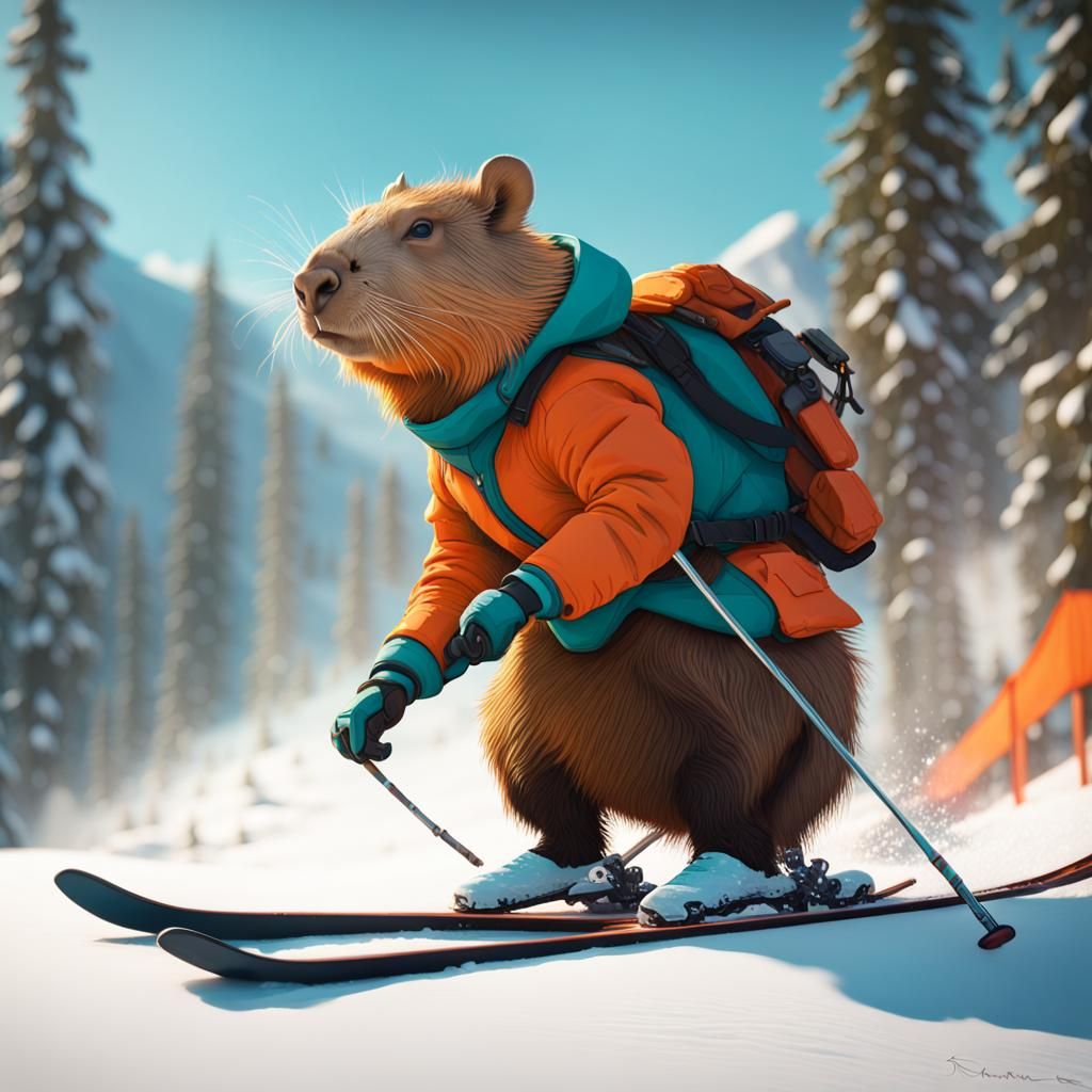Capybara Skiing in Canada: Digital Concept Art