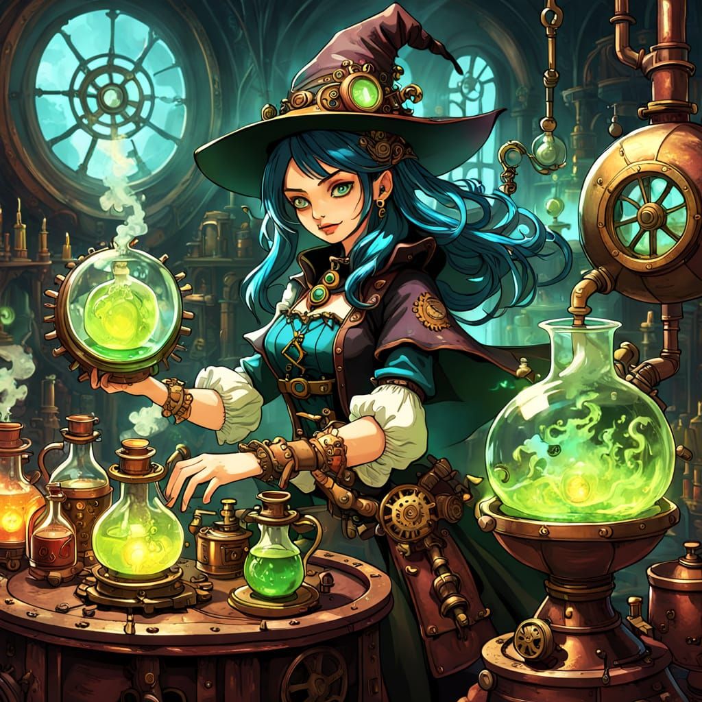 Steampunk Witch Brewing Potions in Alchemical Workshop