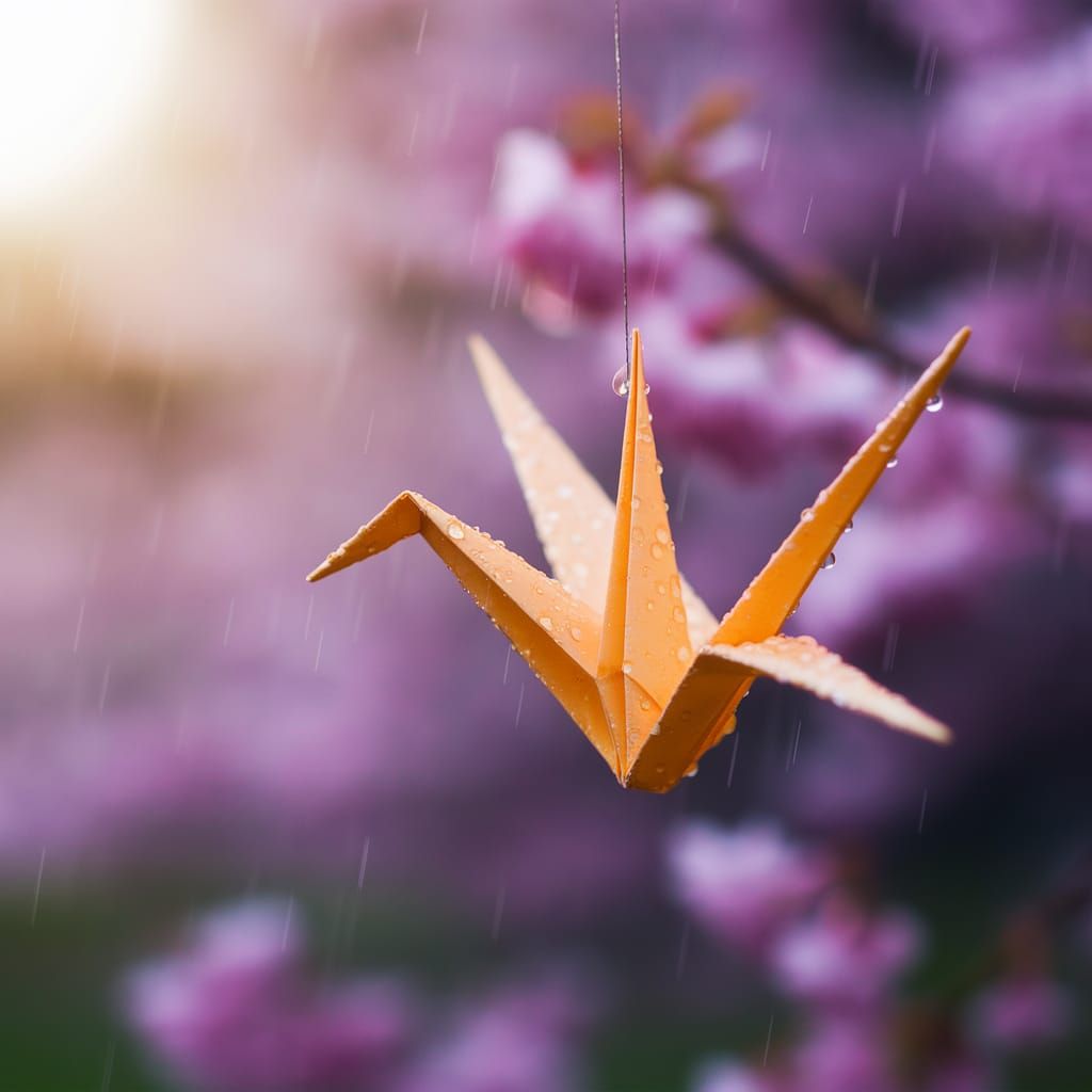Origami Crane in Summer Rain, Soft Focus Photo