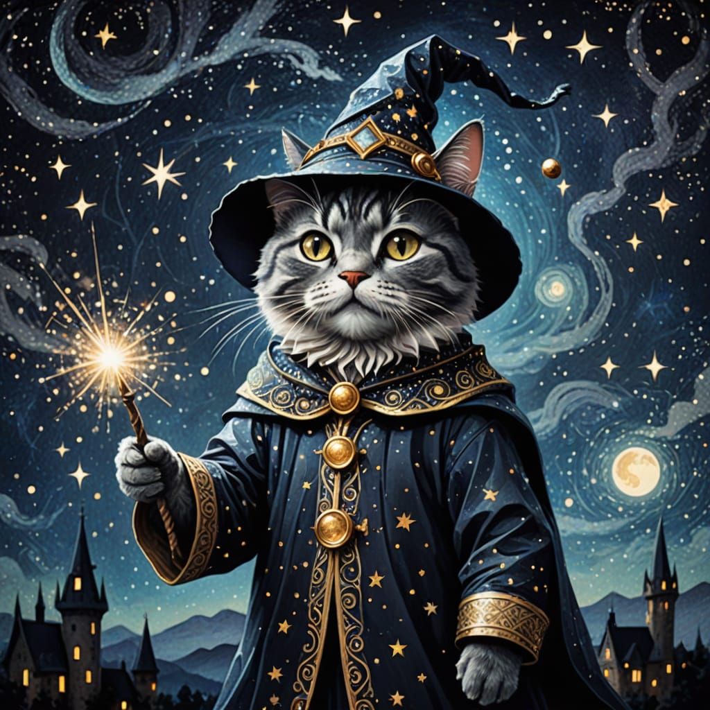 Whimsical Wizard Cat in Vintage Printmaking Style