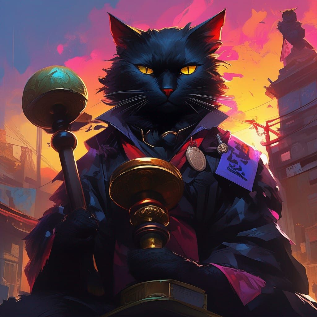 Black Cat Judge in Maximalist Digital Art