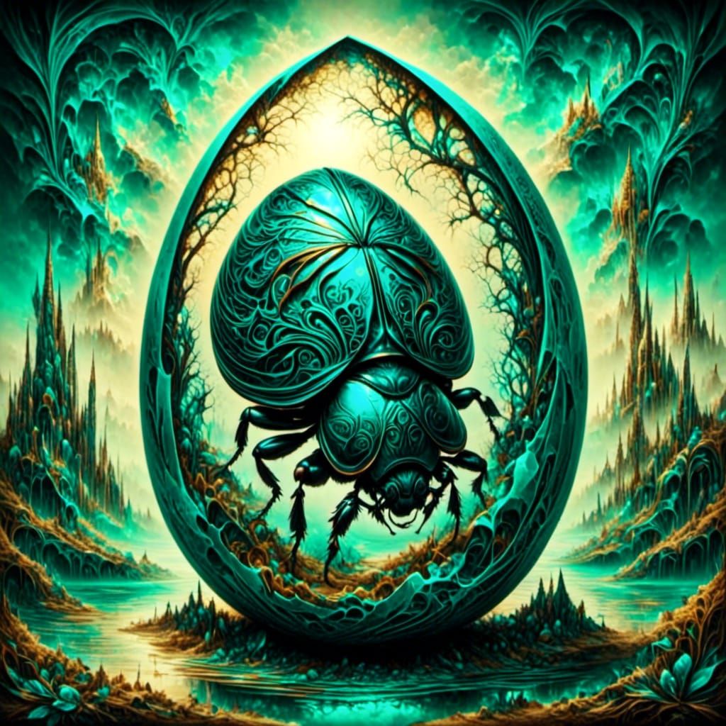 Teal Scarab Beetle Hatching in Surreal Landscape