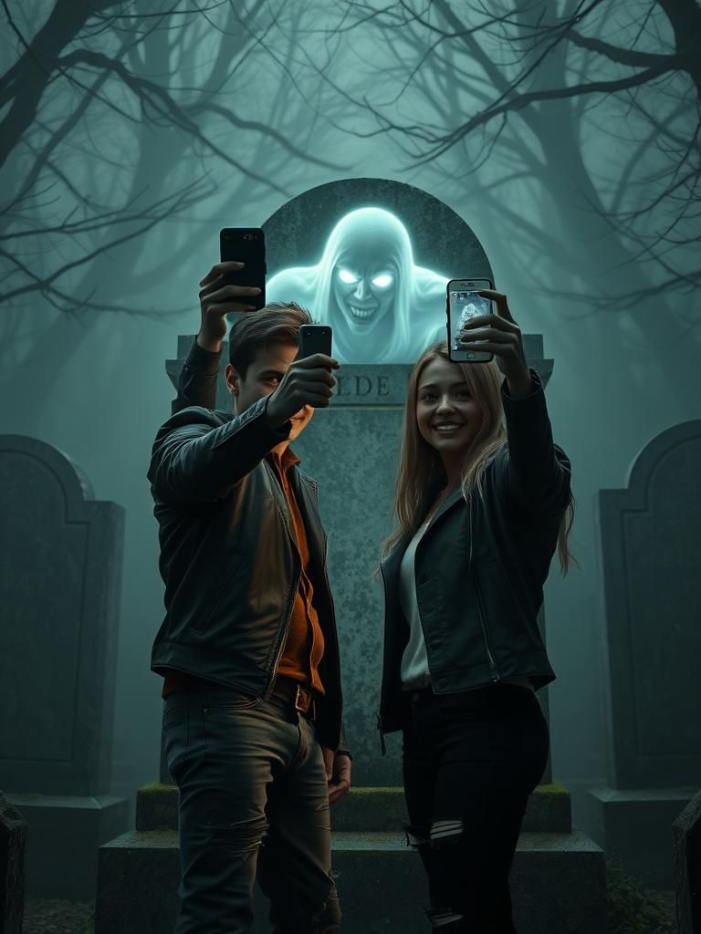 Ghostly Selfie in Graveyard, Arthur Rackham Style