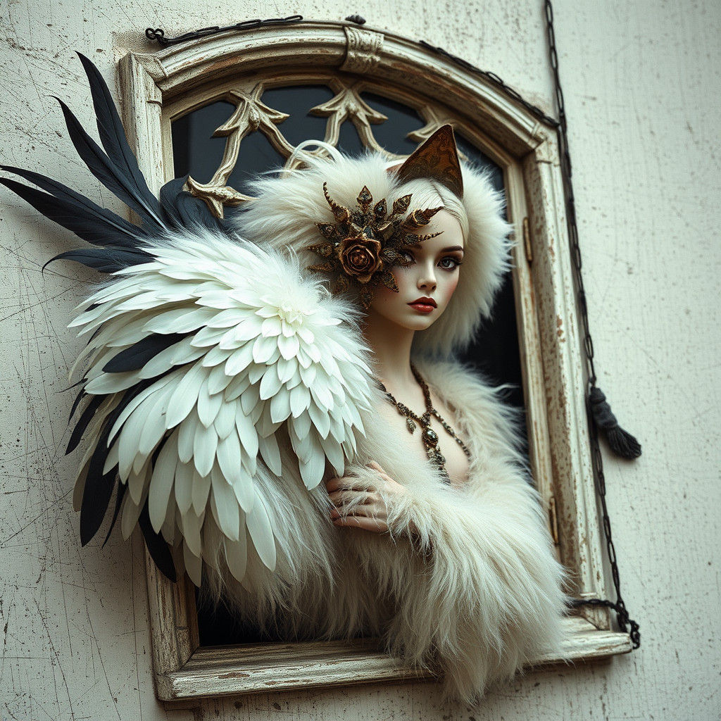 Desolate Paradox: Intricate Feathers and Vintage Mannequin