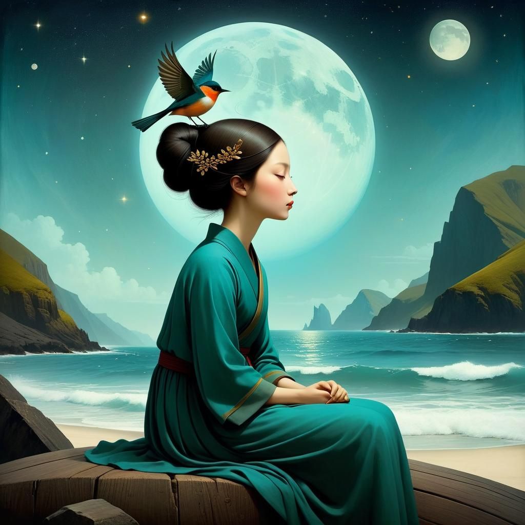 Serene Beach Scene in Surreal Digital Art