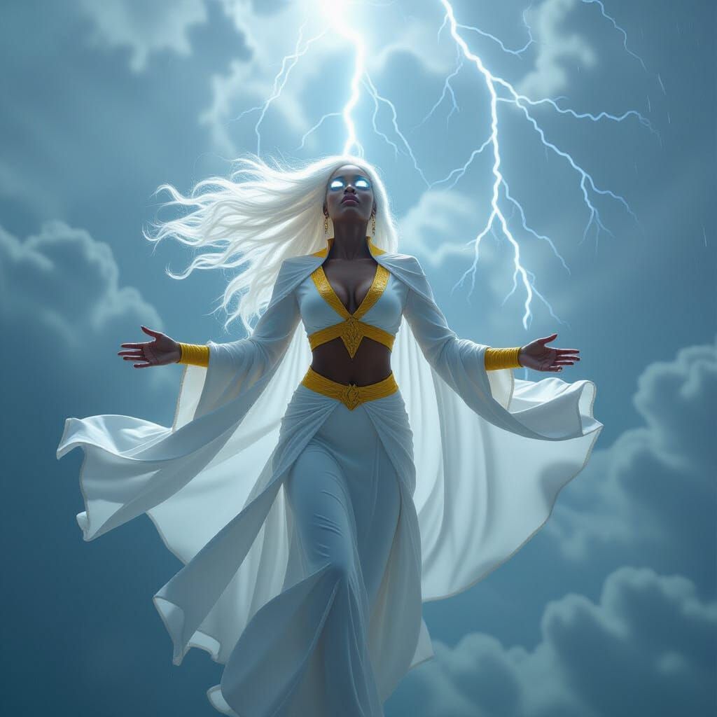 African Woman Ascends in Storm with Lightning Power