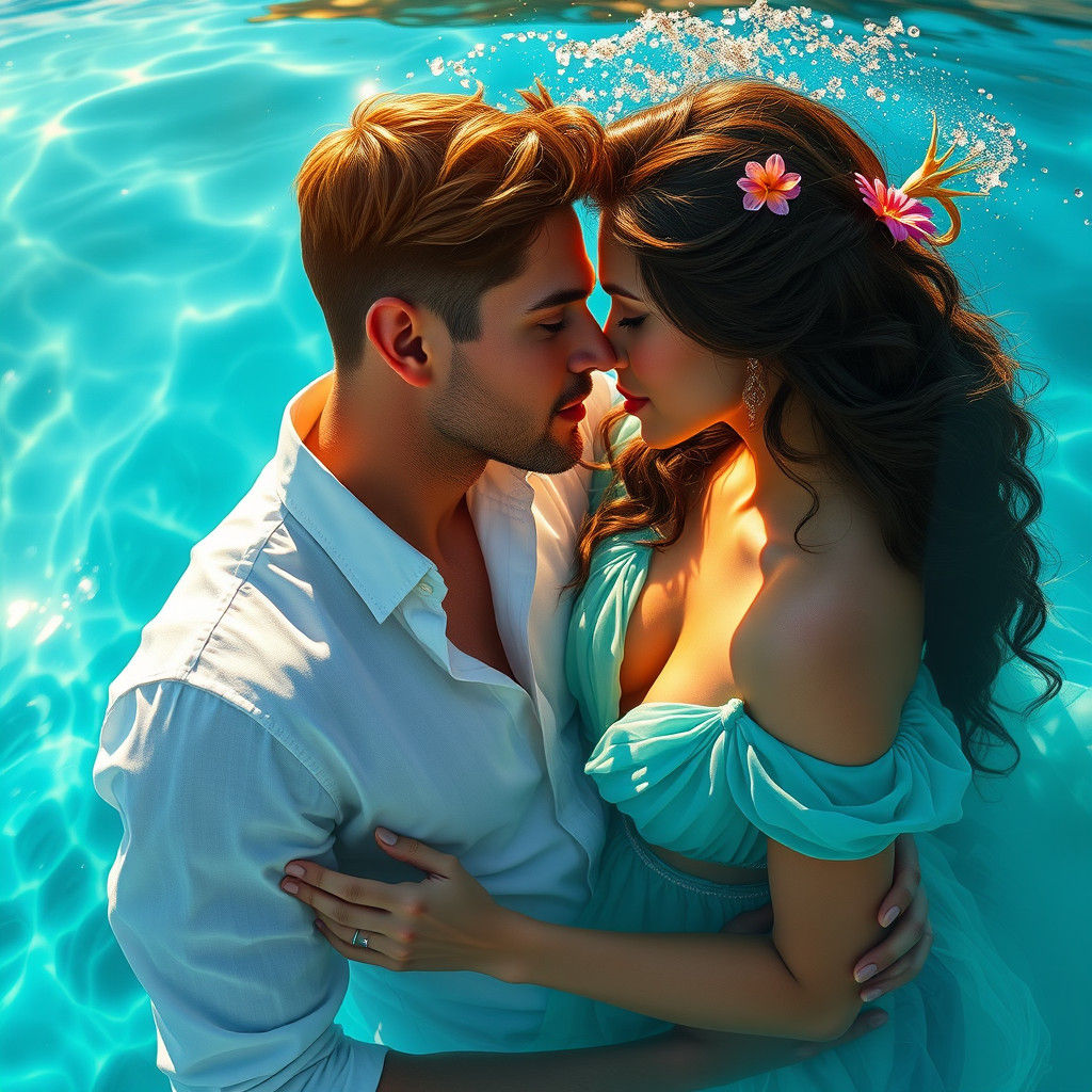 Romantic Lagoon Kiss in Hyperrealistic Fantasy Style