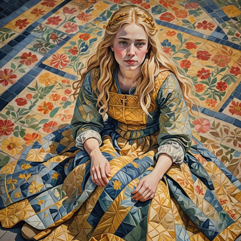 Girl in Quilted Dress: Gouache Impressionist Masterpiece