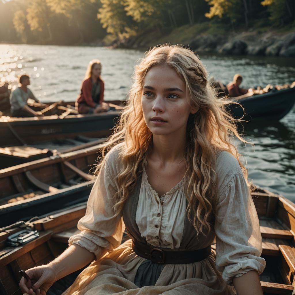 Blonde Fairy Woman in Boat at Sunset