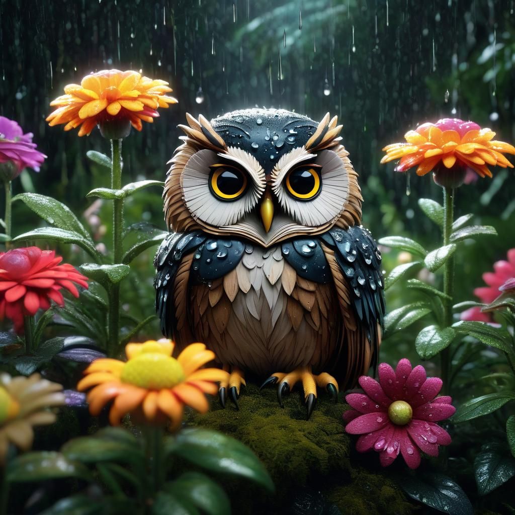 Grumpy Chibi Owl Hiding from Rain in Dark Forest