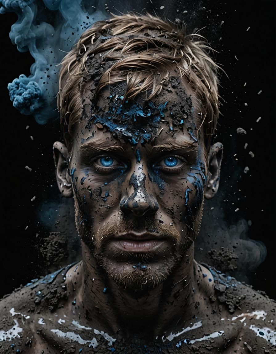 Soot-Covered Man with Blue Eyes on Black