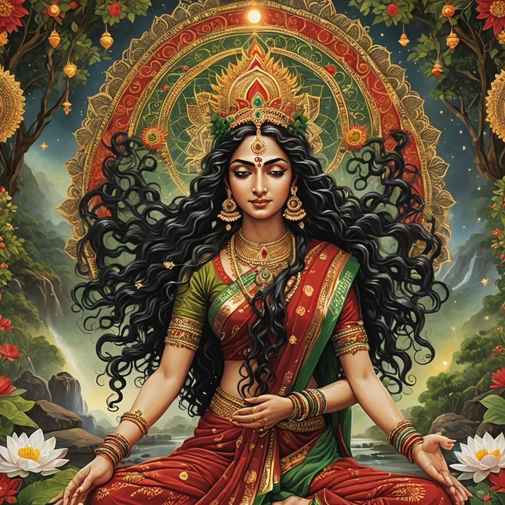 Radiant Hindu Goddess in Cosmic Landscape