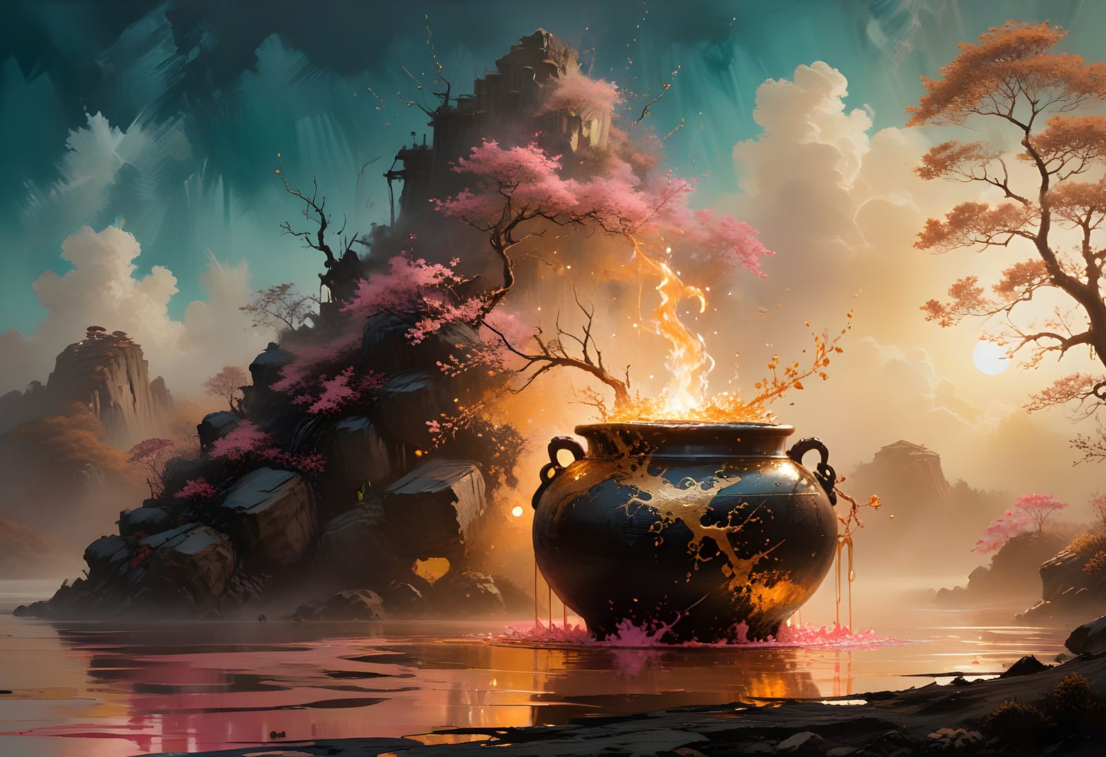 Sumi-e Cauldron Ikebana with Bioluminescent Smoke