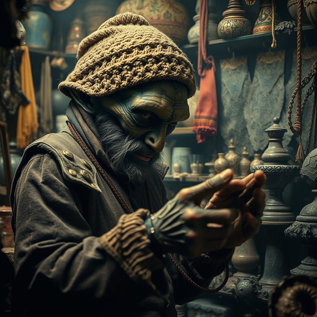 Gritty Sci-Fi Shopkeeper Examines Mysterious Item in Dimly L...