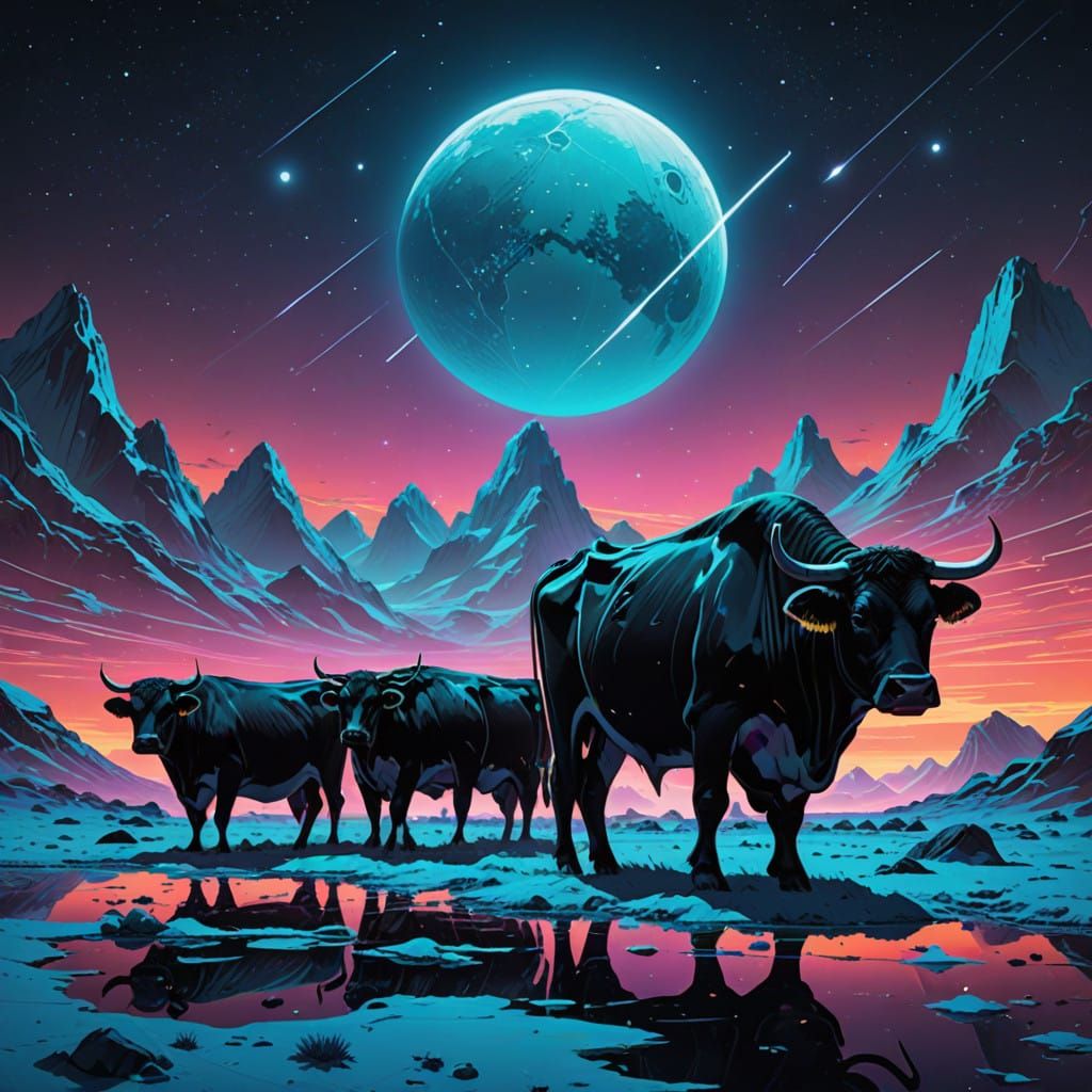 Cyberpunk Cows Grazing on Retrofuturistic Pluto