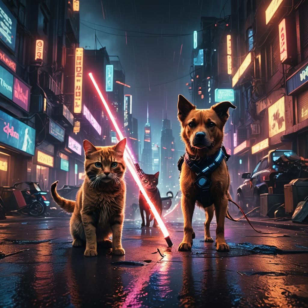 Neon City Clash: Dog and Cat Duel with Lightsabers