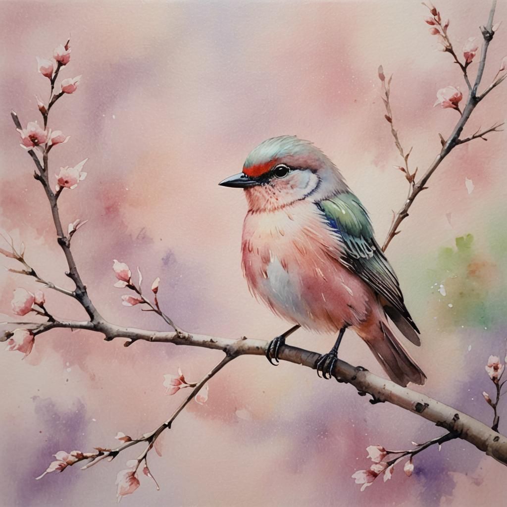 Watercolor Pink Bird on Branch in Soft Light