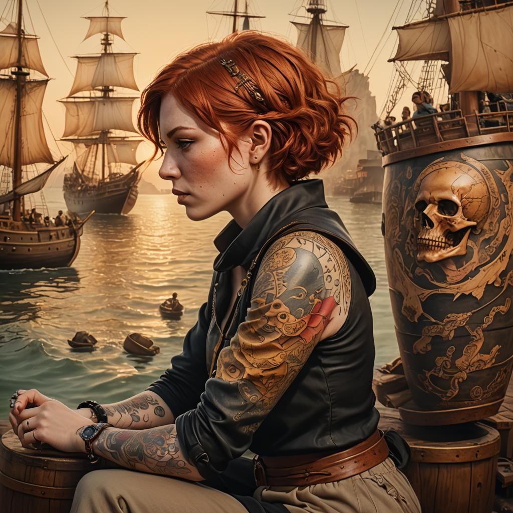 Red Haired Woman with Treasure Map Tattoo